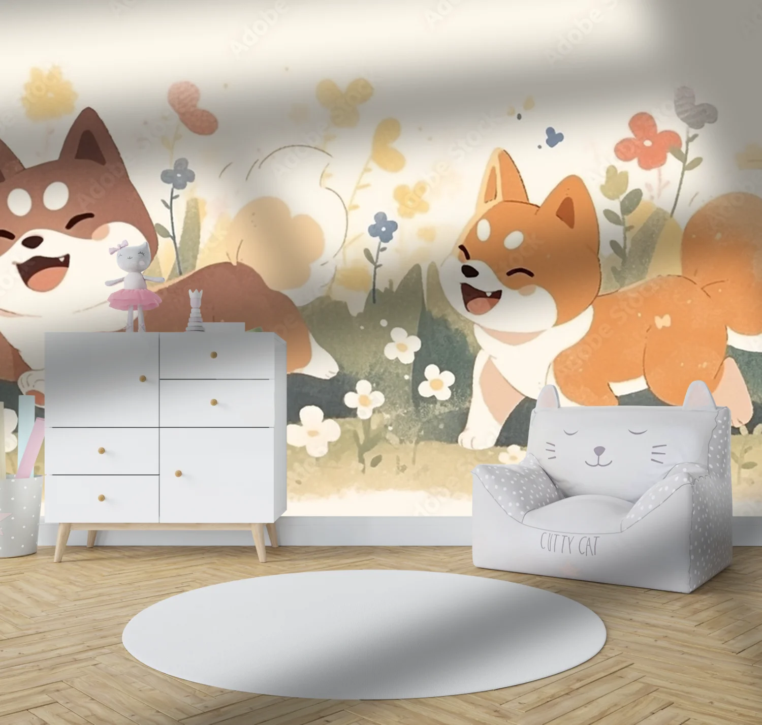 Urocze Shiba na tle kwitnącego ogrodu