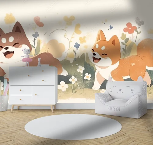 Urocze Shiba na tle kwitnącego ogrodu