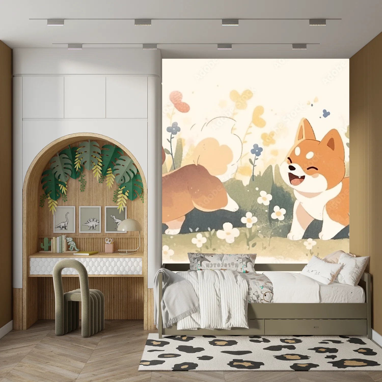 Urocze Shiba na tle kwitnącego ogrodu