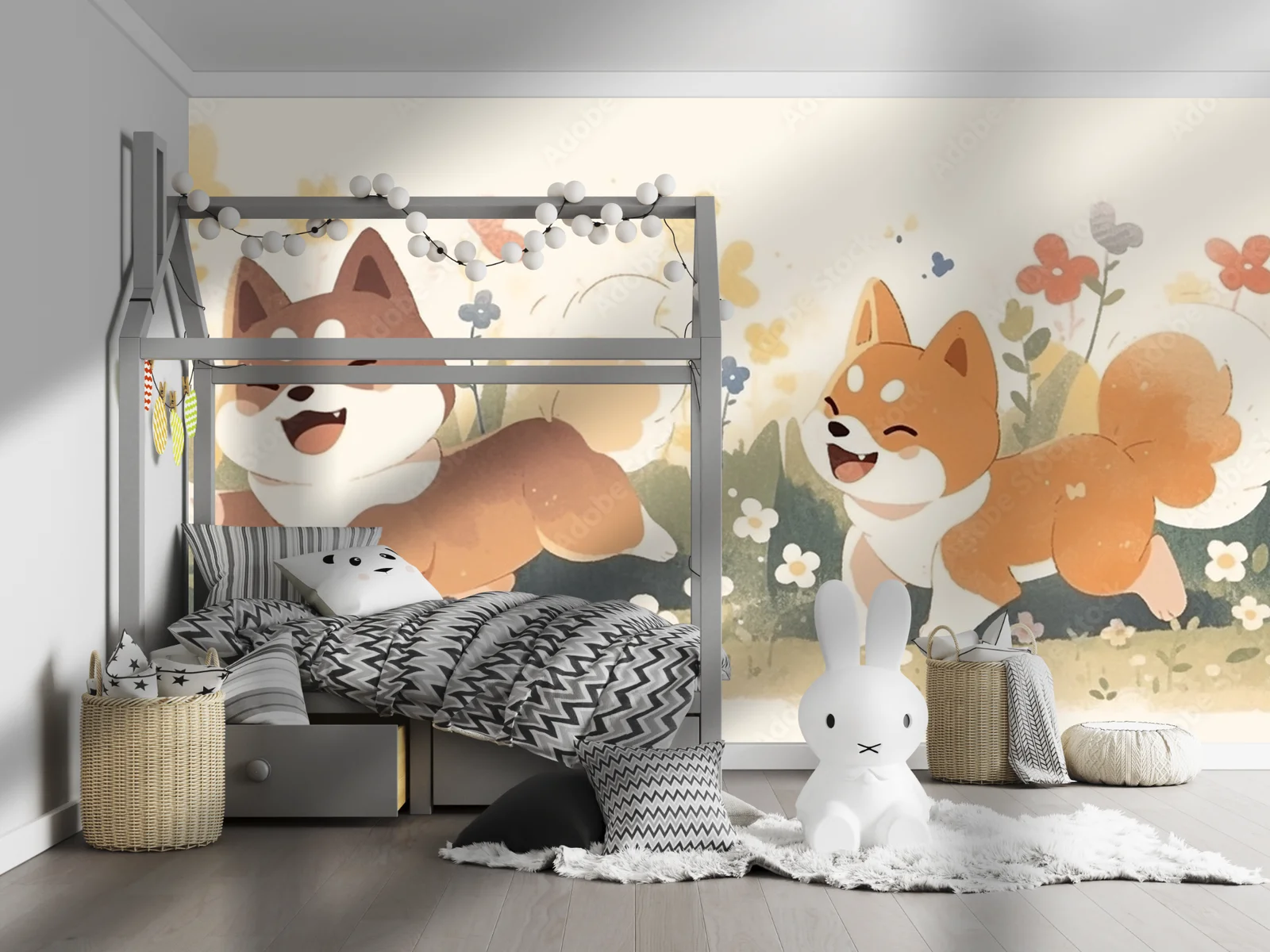 Urocze Shiba na tle kwitnącego ogrodu