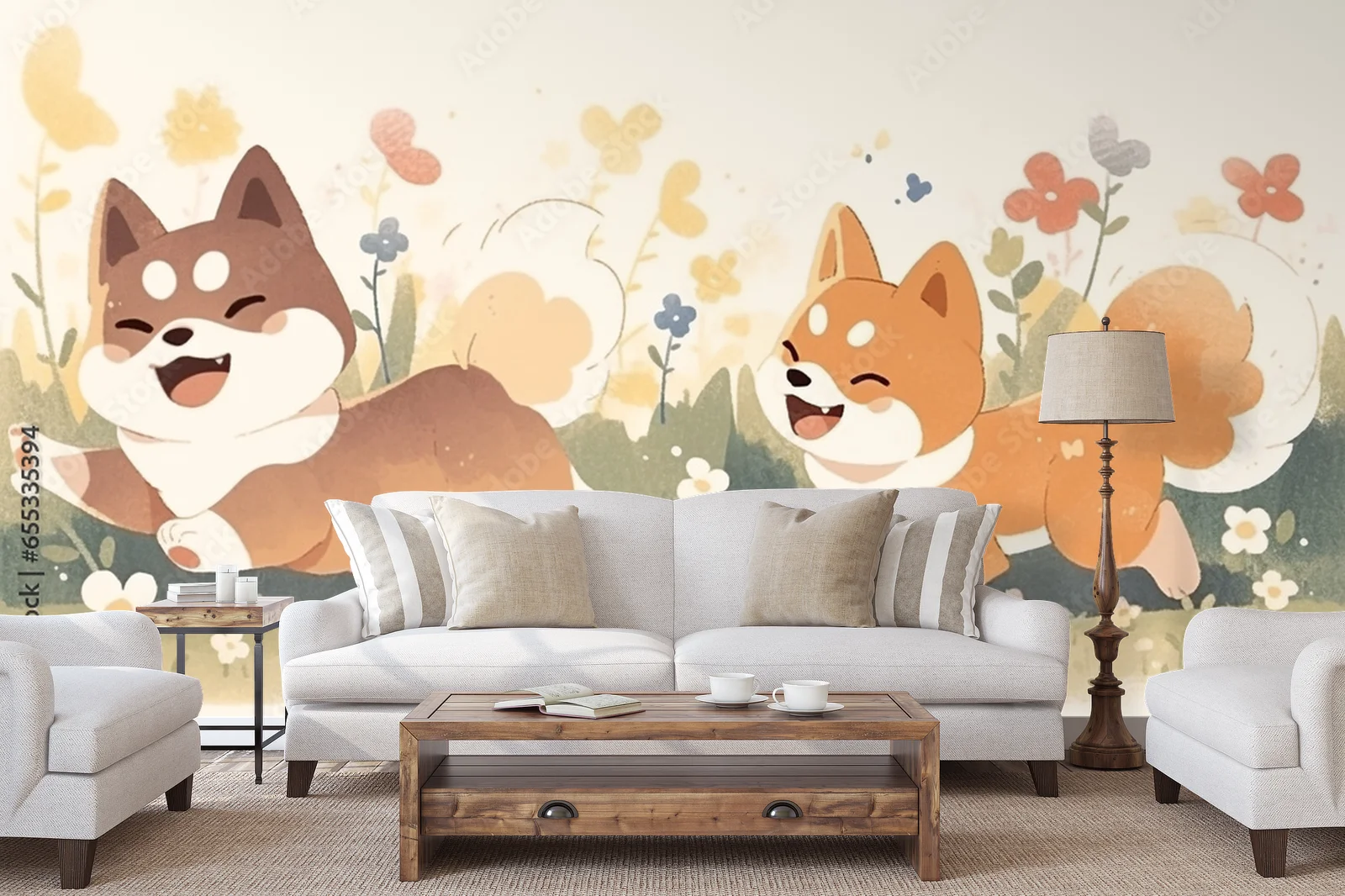 Urocze Shiba na tle kwitnącego ogrodu