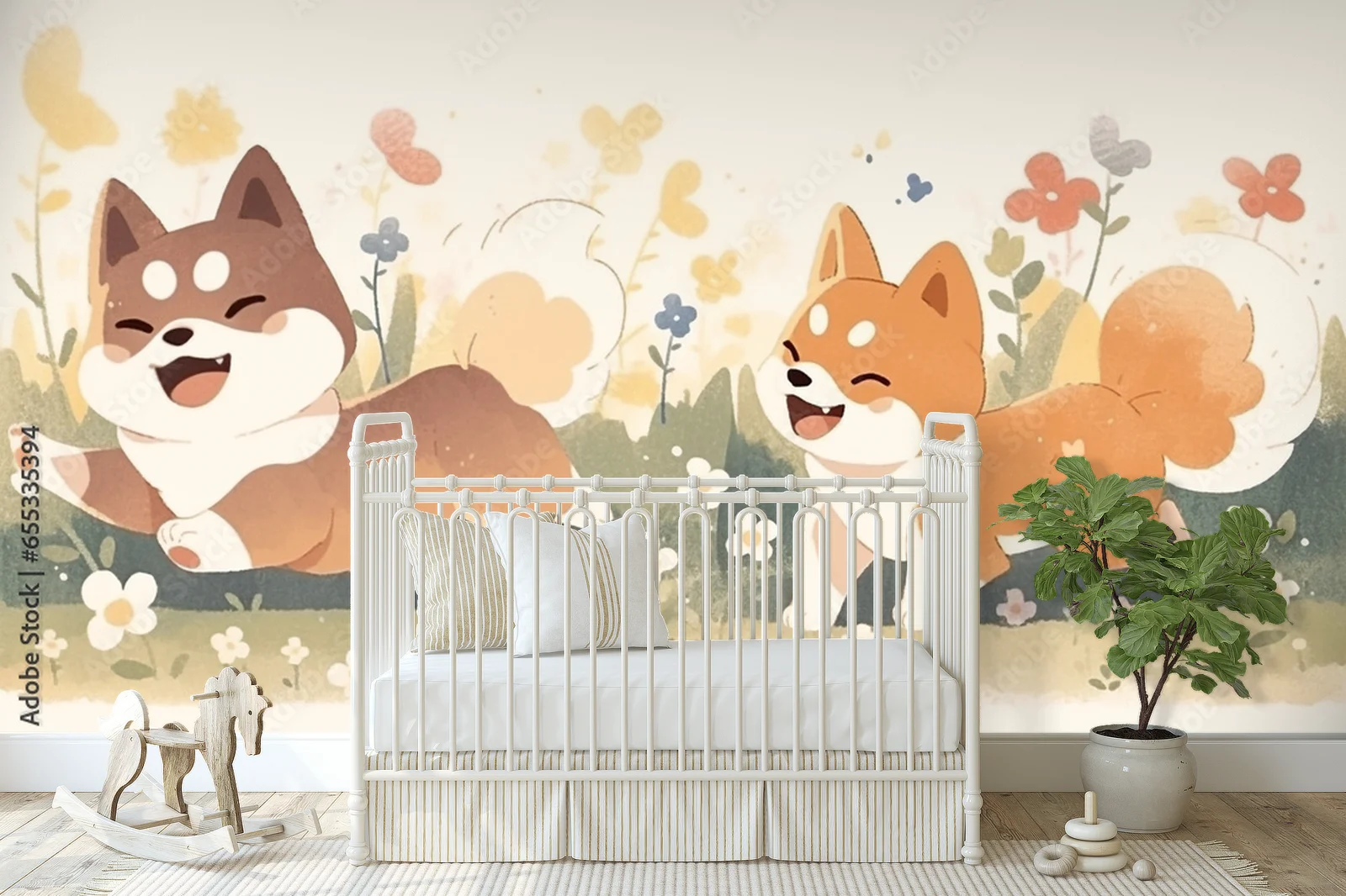 Urocze Shiba na tle kwitnącego ogrodu