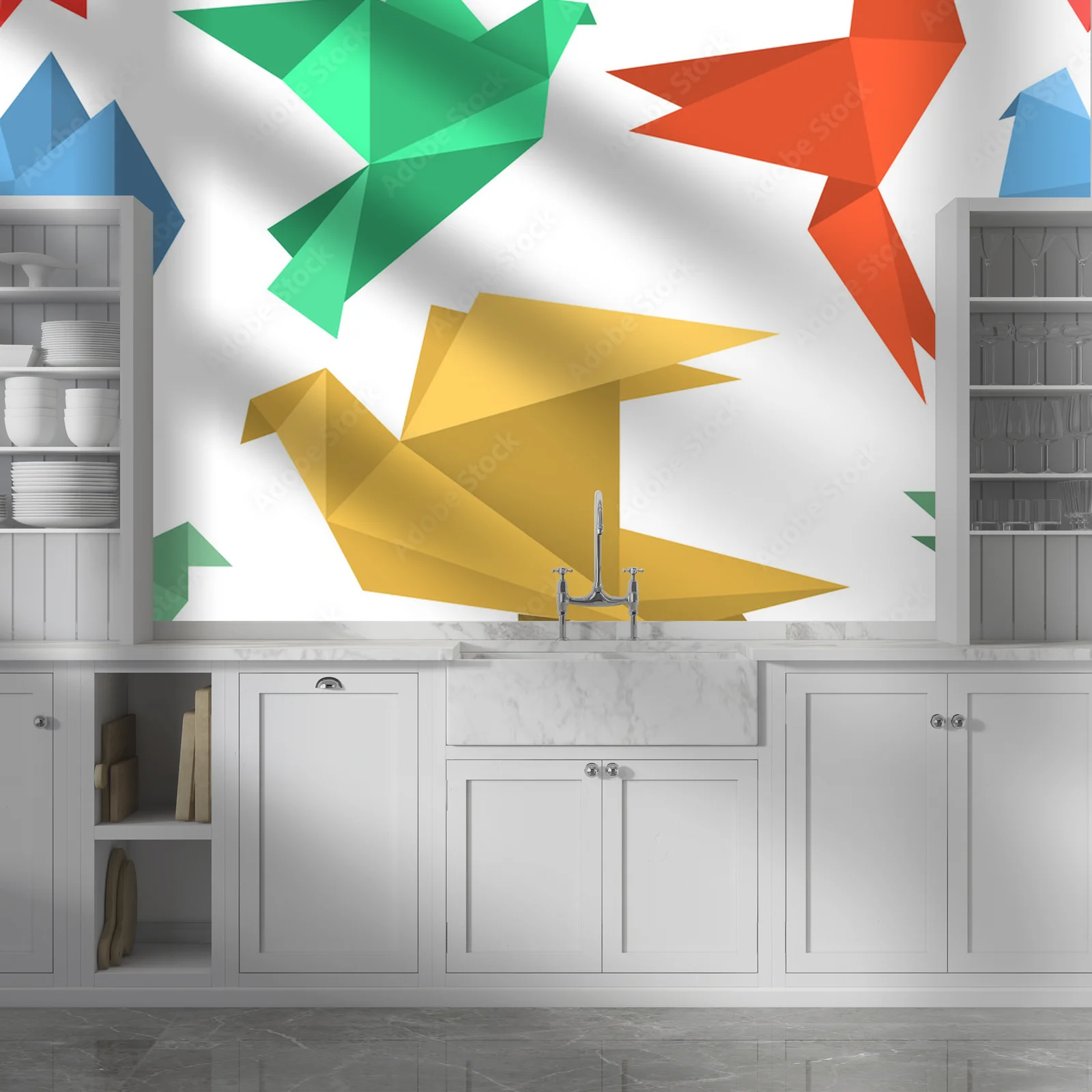 Papierowe ptaki w stylu origami - opuszczone w bieli