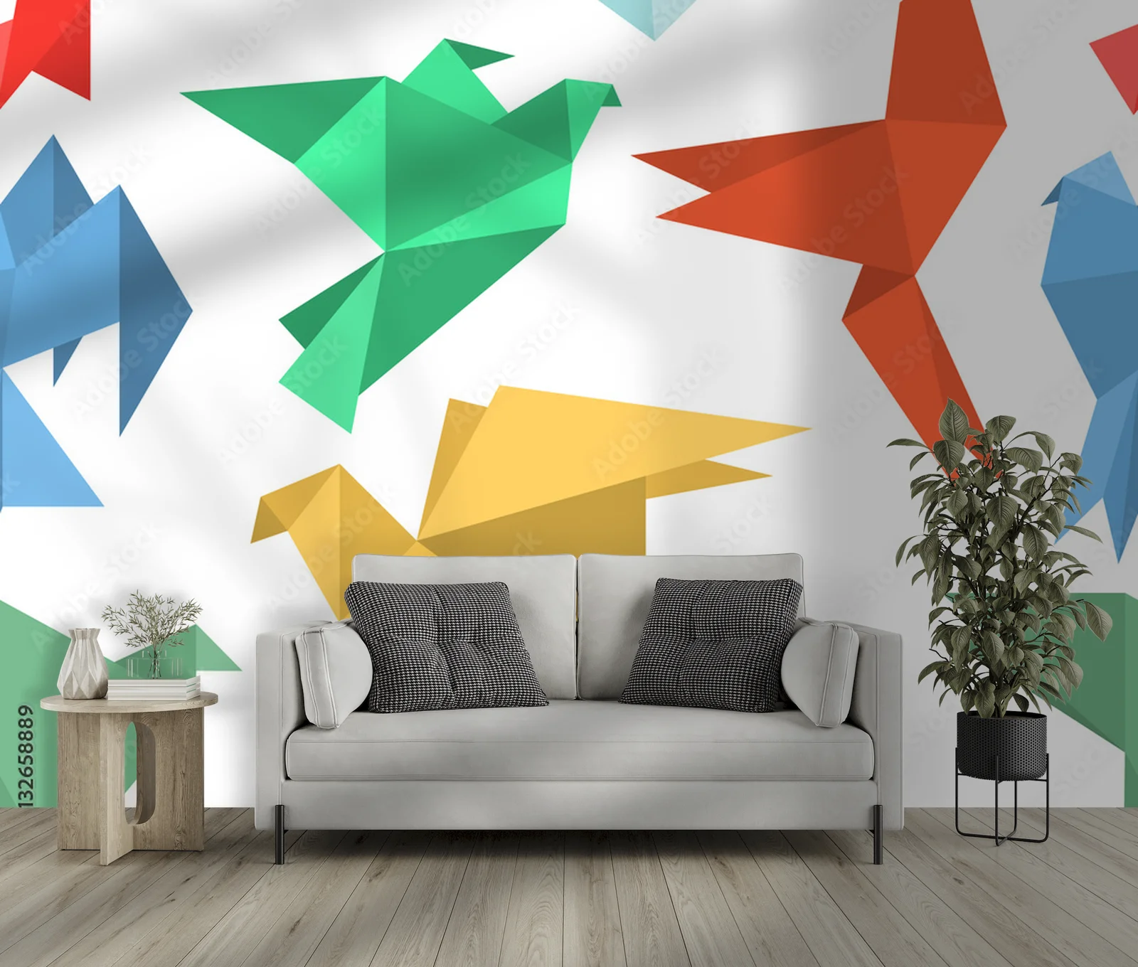 Papierowe ptaki w stylu origami - opuszczone w bieli