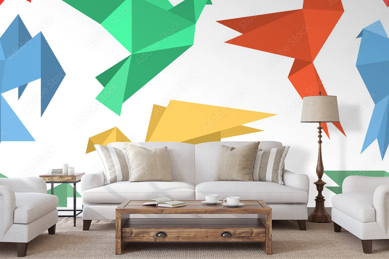 Papierowe ptaki w stylu origami - opuszczone w bieli