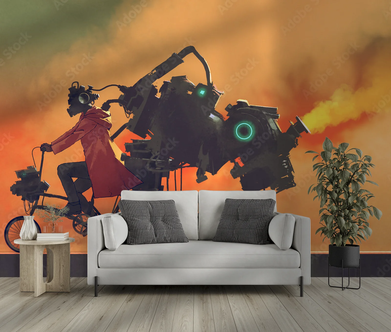 Futurystyczny robot na rowerze w industrialnym stylu