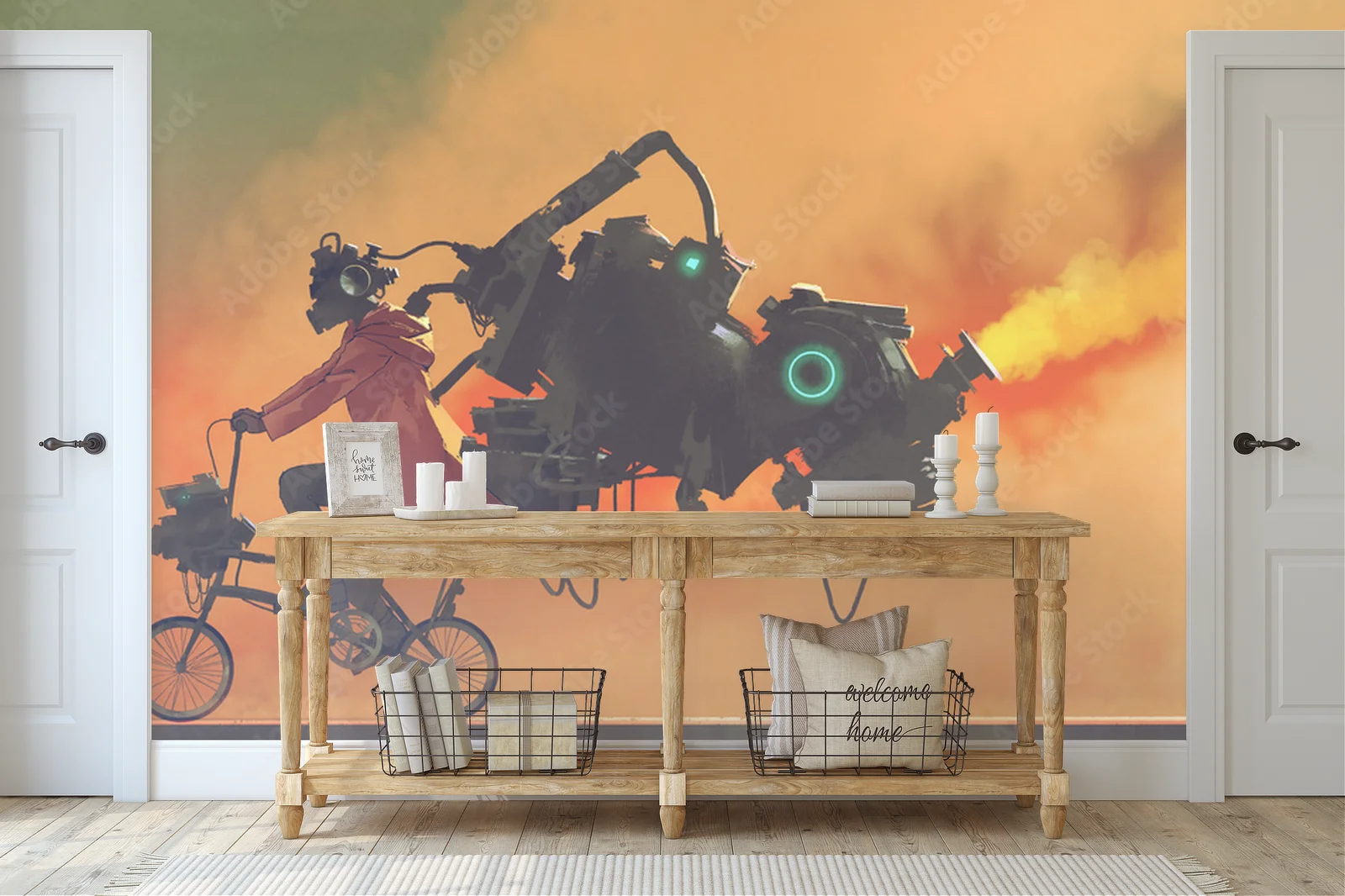 Futurystyczny robot na rowerze w industrialnym stylu