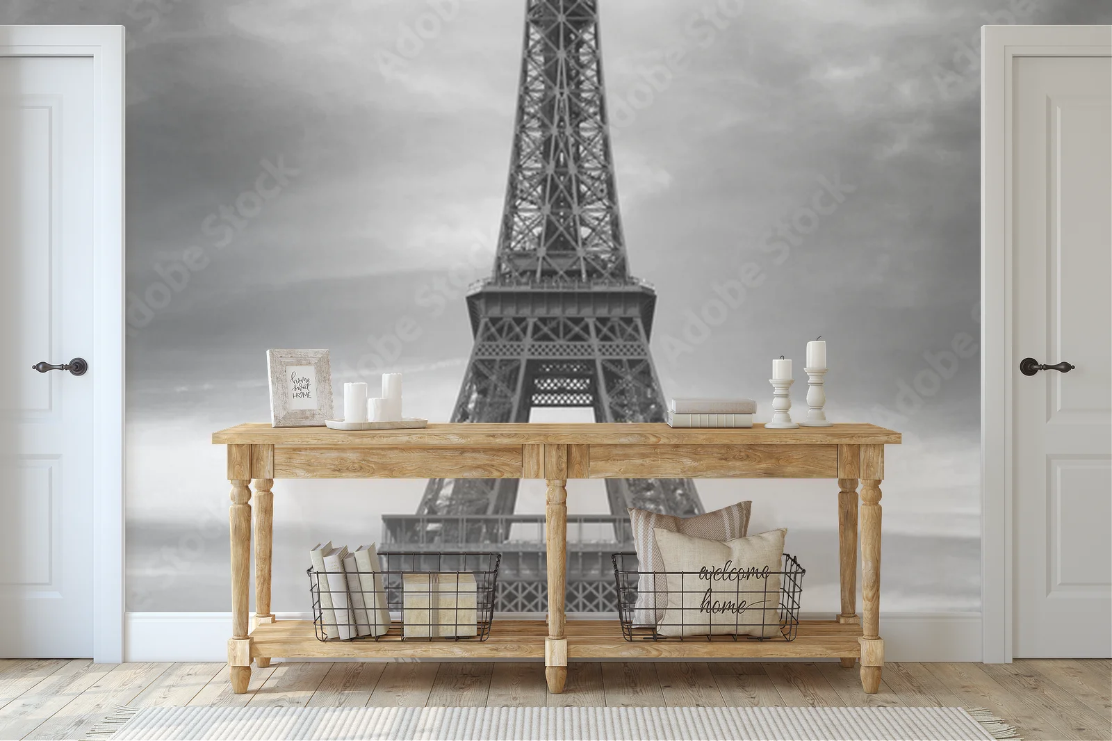 Eiffel Tower i czerwony samochód w sercu Paryża