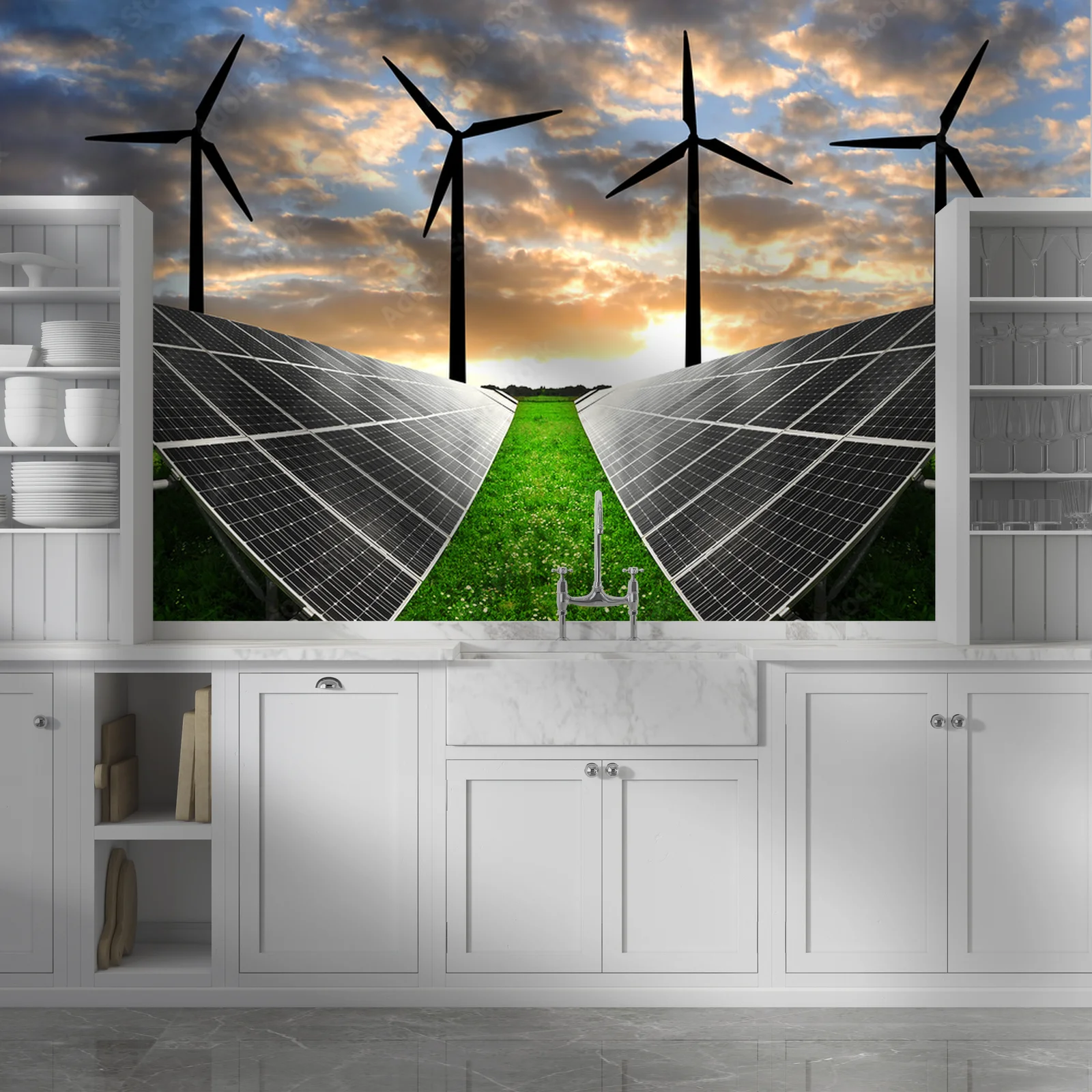 Energia słoneczna i wiatrowa w zachodzącym słońcu
