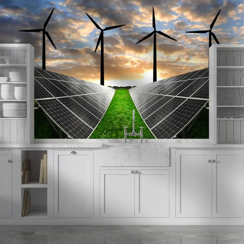 Energia słoneczna i wiatrowa w zachodzącym słońcu
