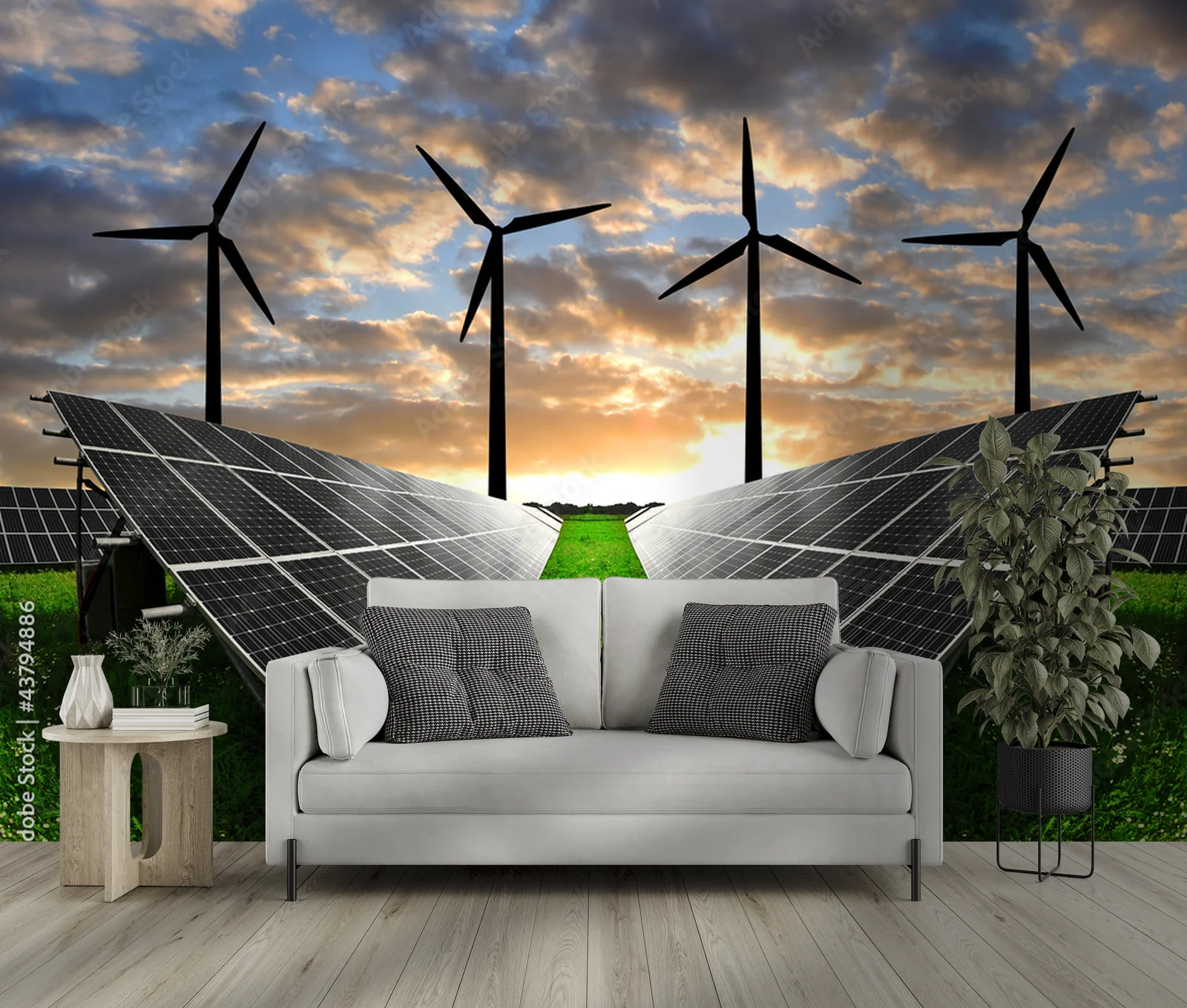 Energia słoneczna i wiatrowa w zachodzącym słońcu