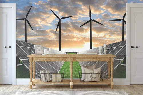 Energia słoneczna i wiatrowa w zachodzącym słońcu