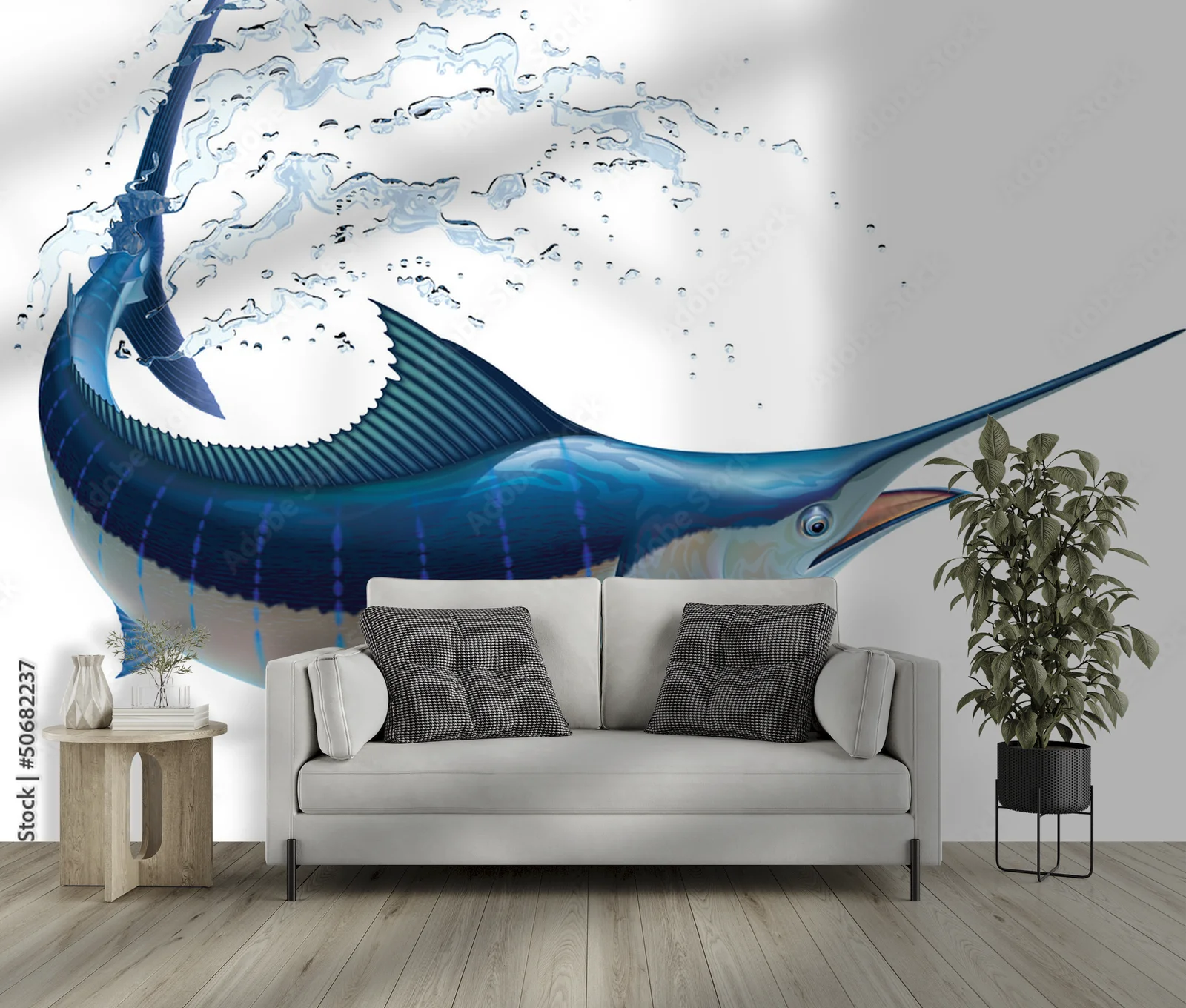 Fascynujący błękitny marlin w świetlistej bieli