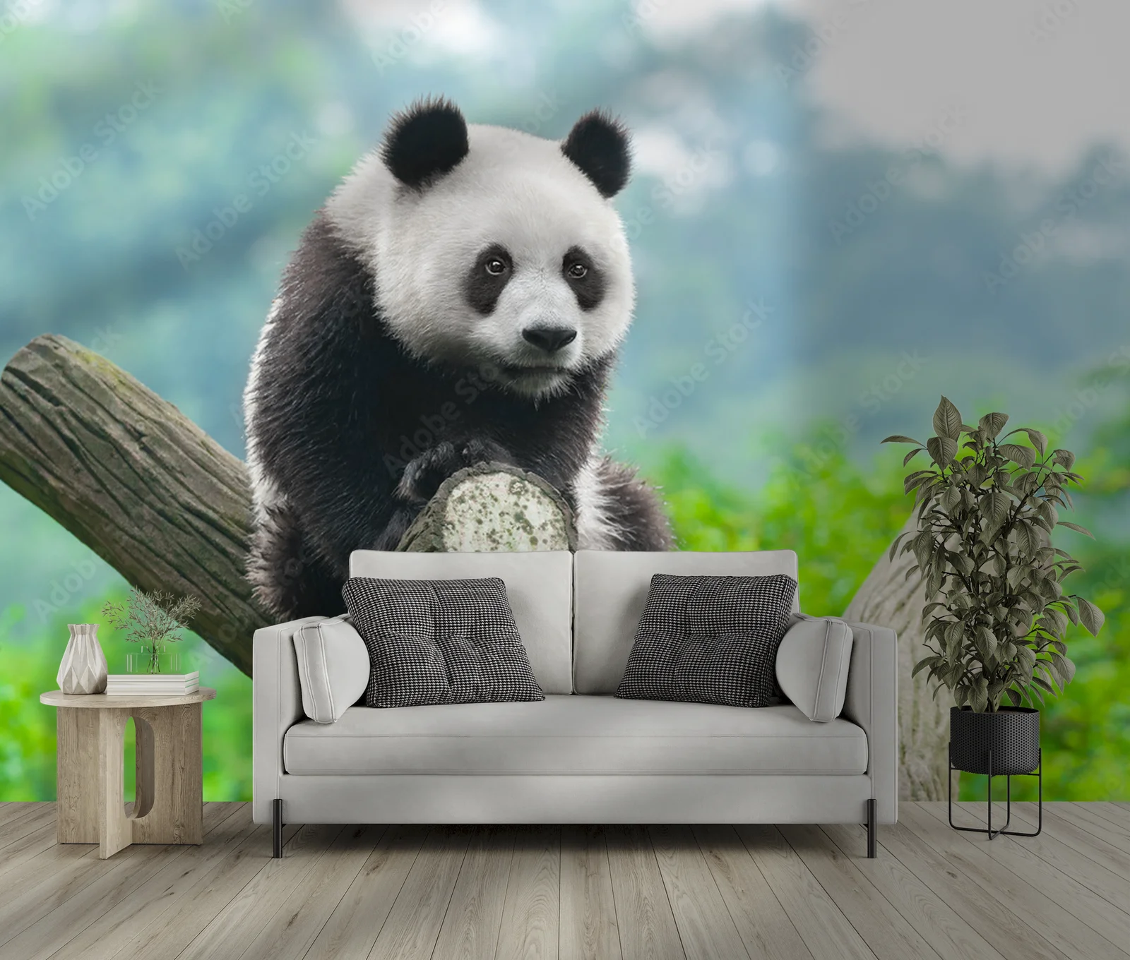 Urocza panda na wroczywych gałęziach drzew