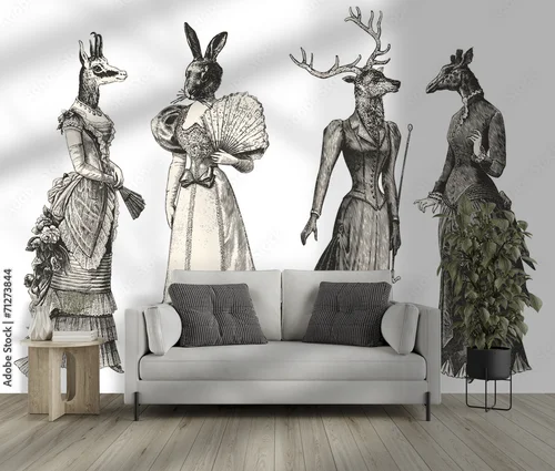 Eleganckie kobiety z głowami zwierząt w białej aranżacji