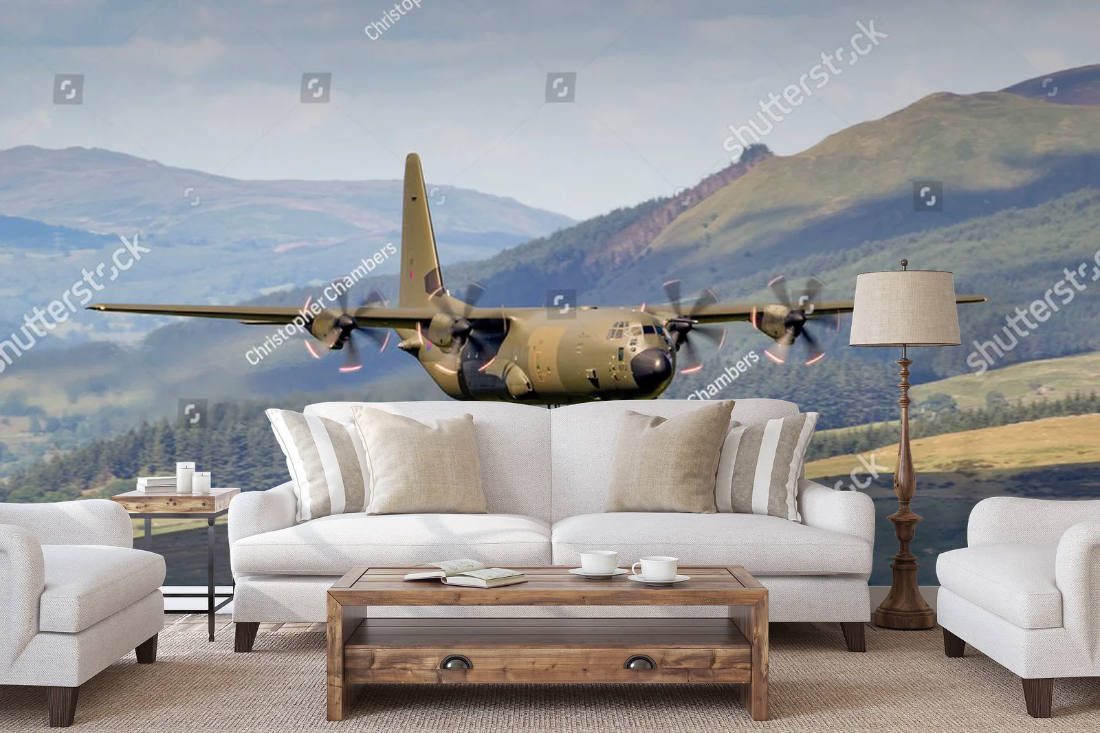 Zielony Lockheed C-130 Hercules nad malowniczym krajobrazem