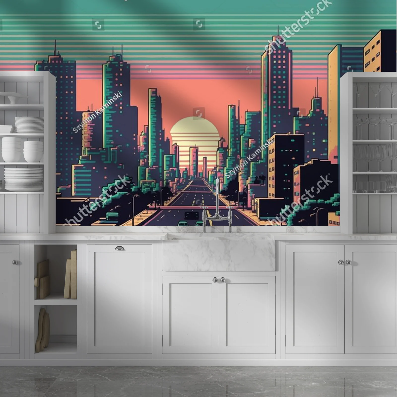 Miejska sceneria w neonowych odcieniach 8-bit