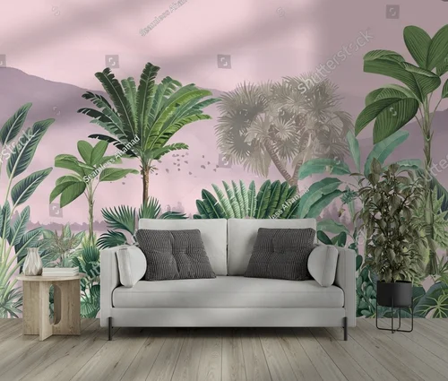 Tropikalny mural z subtelnymi odcieniami przyrody