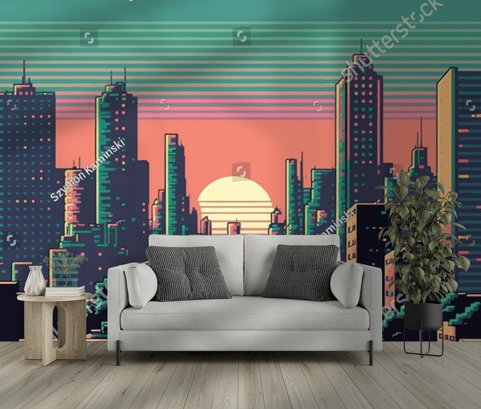 Miejska sceneria w neonowych odcieniach 8-bit