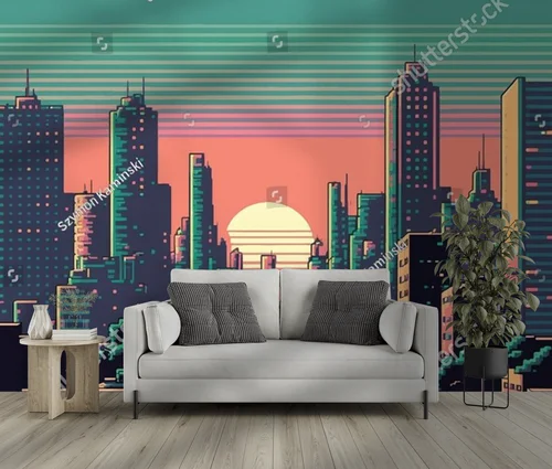 Miejska sceneria w neonowych odcieniach 8-bit