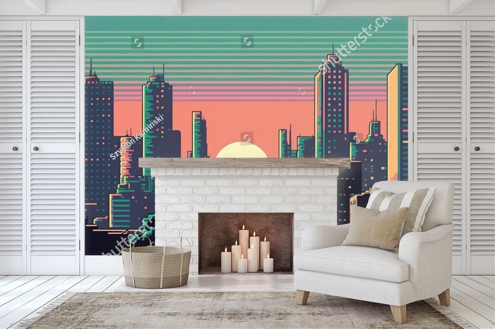 Miejska sceneria w neonowych odcieniach 8-bit