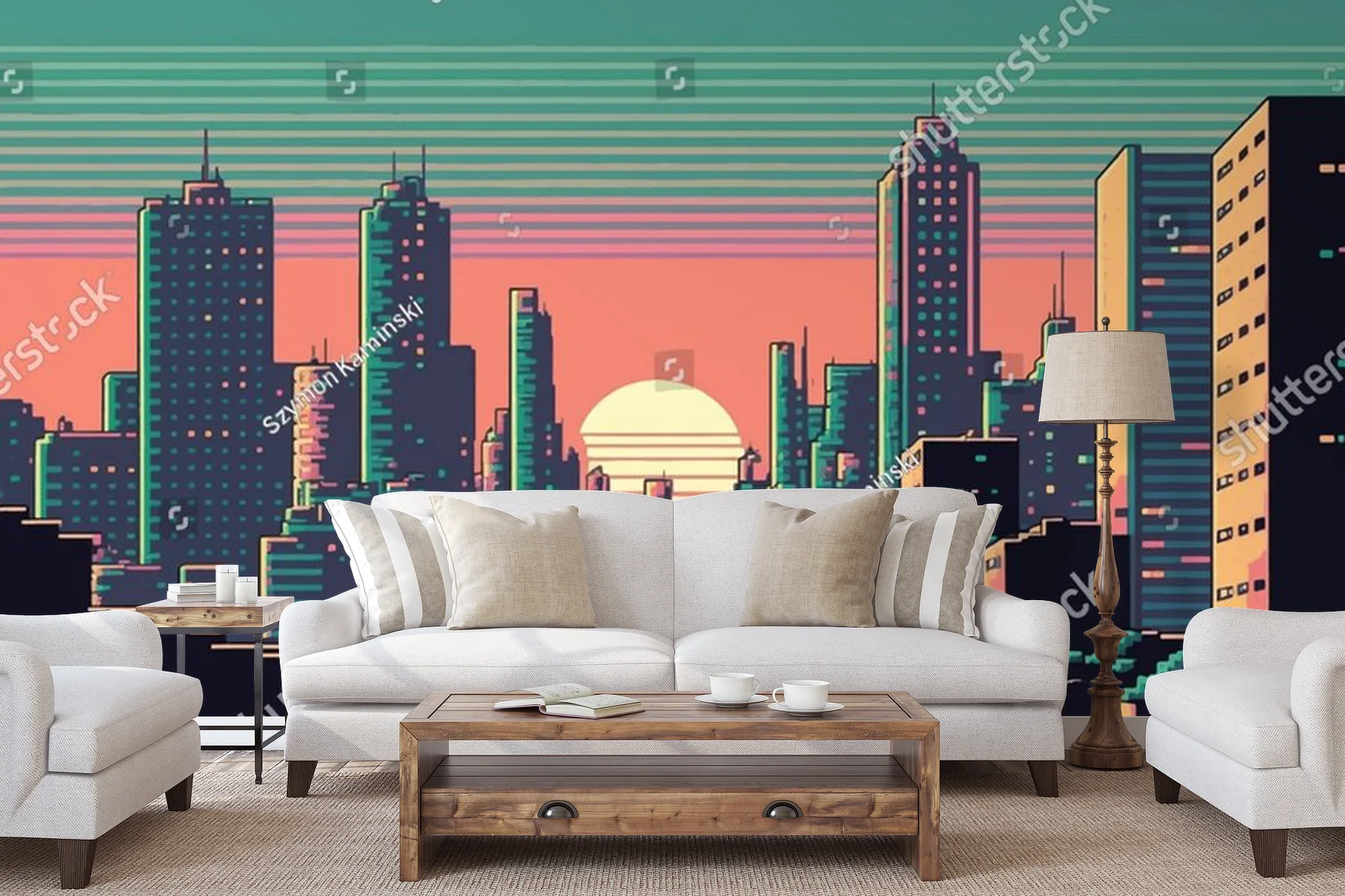Miejska sceneria w neonowych odcieniach 8-bit