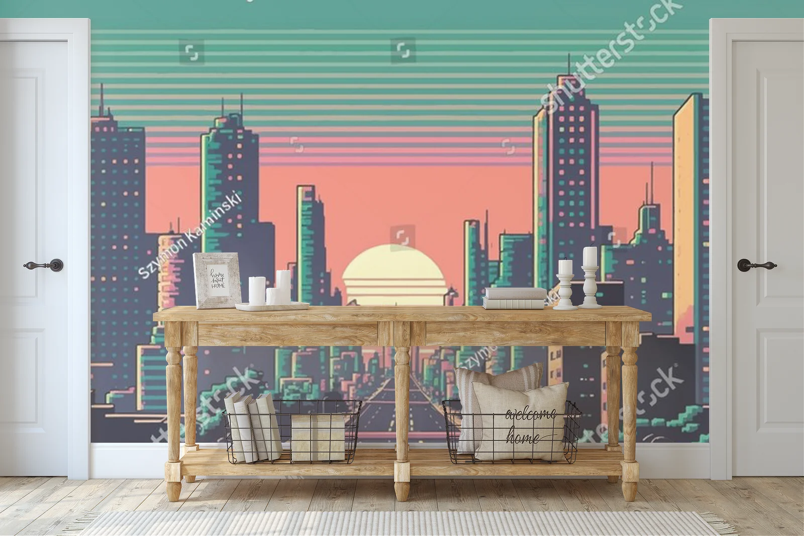 Miejska sceneria w neonowych odcieniach 8-bit