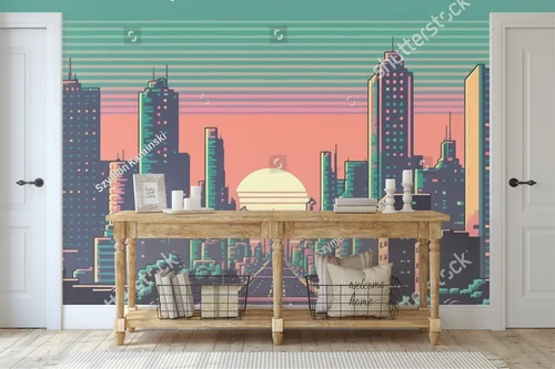 Miejska sceneria w neonowych odcieniach 8-bit