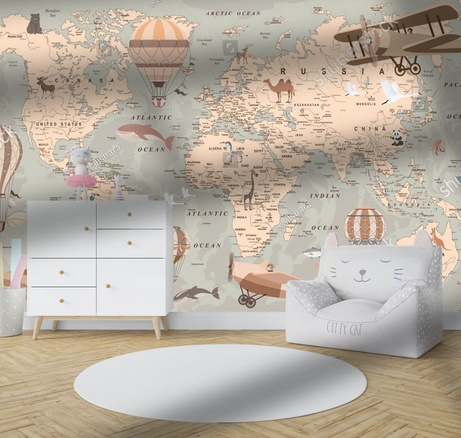 Retro mapa świata z balonami i zwierzętami