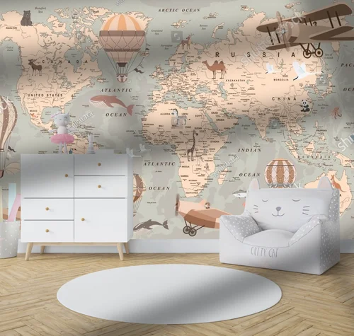 Retro mapa świata z balonami i zwierzętami
