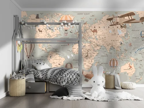 Retro mapa świata z balonami i zwierzętami