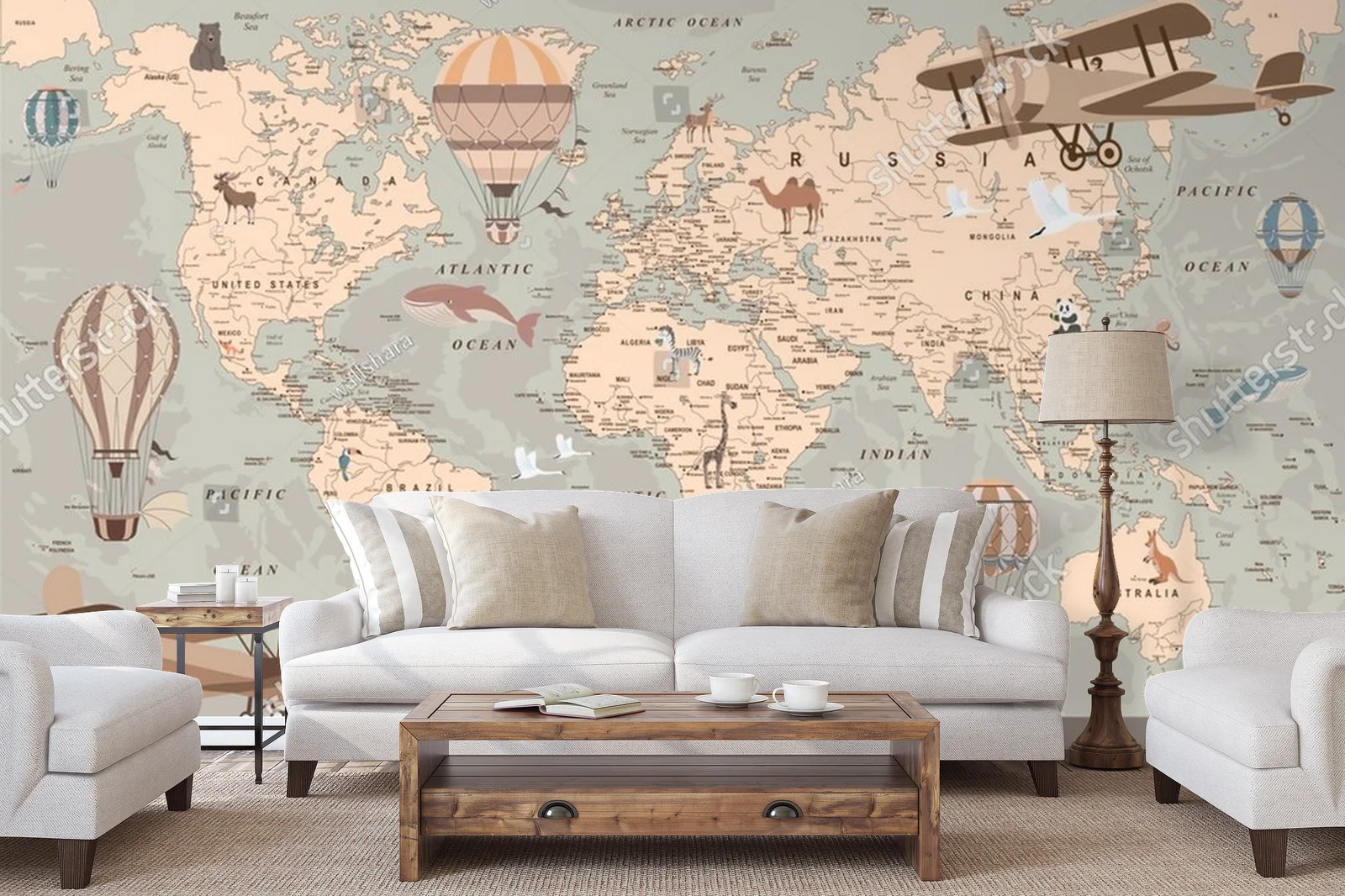 Retro mapa świata z balonami i zwierzętami