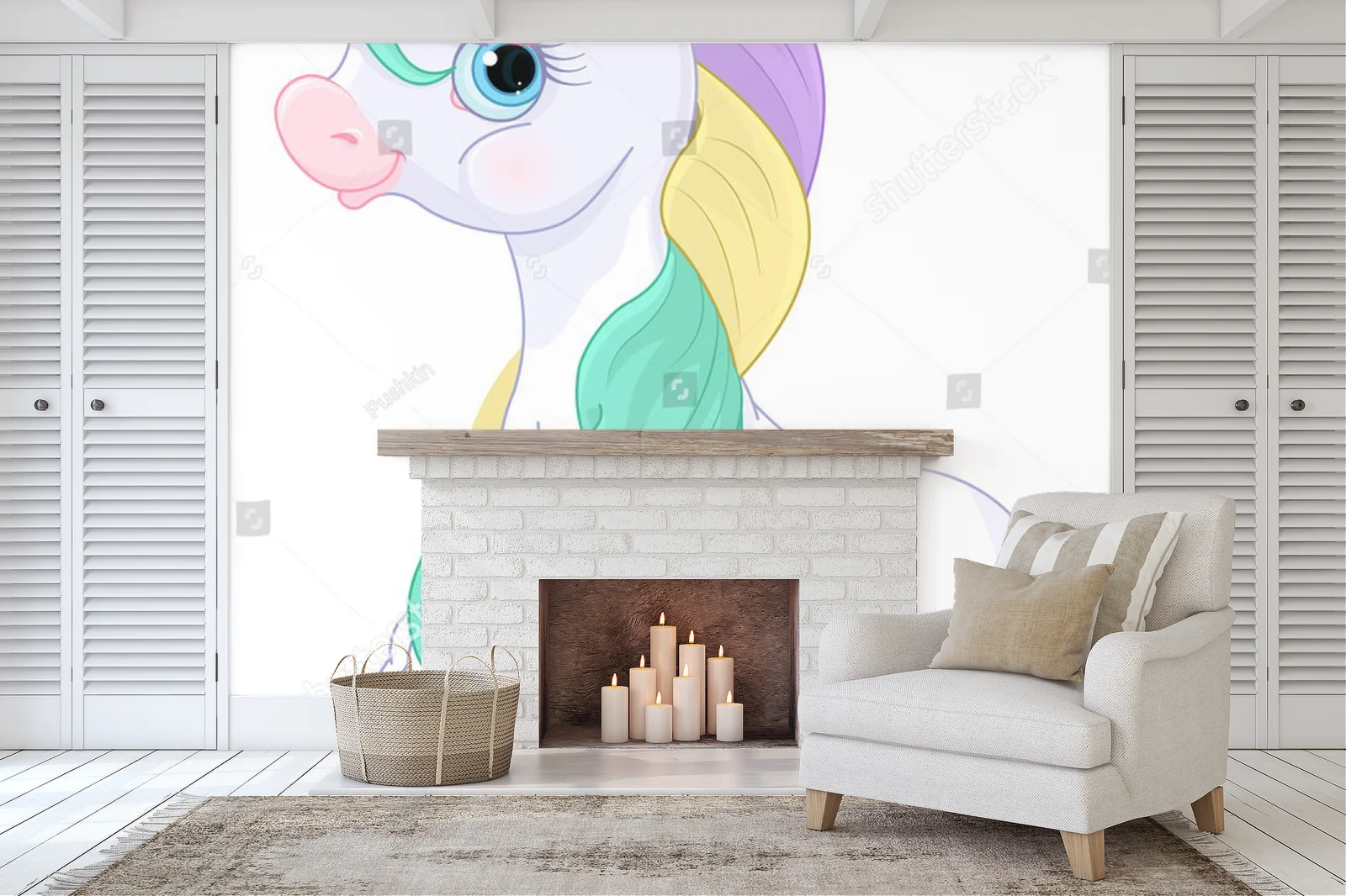 Magiczny tęczowy pony w baśniowej aranżacji