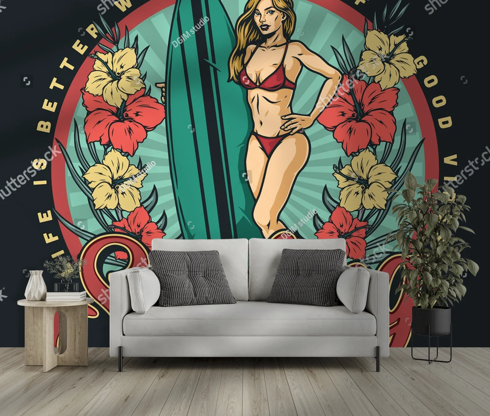 Vintage surfing girl w kolorach tropikalnego raju