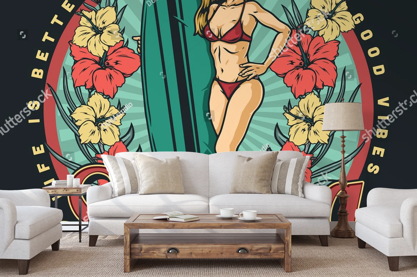 Vintage surfing girl w kolorach tropikalnego raju