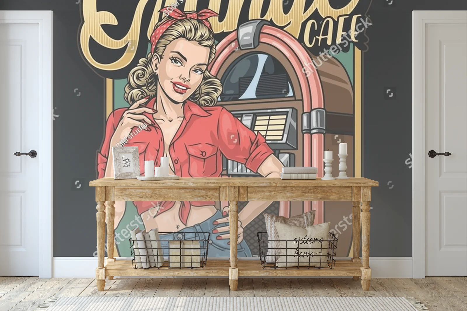 Vintage kafejka z piękną dziewczyną i jukeboxem