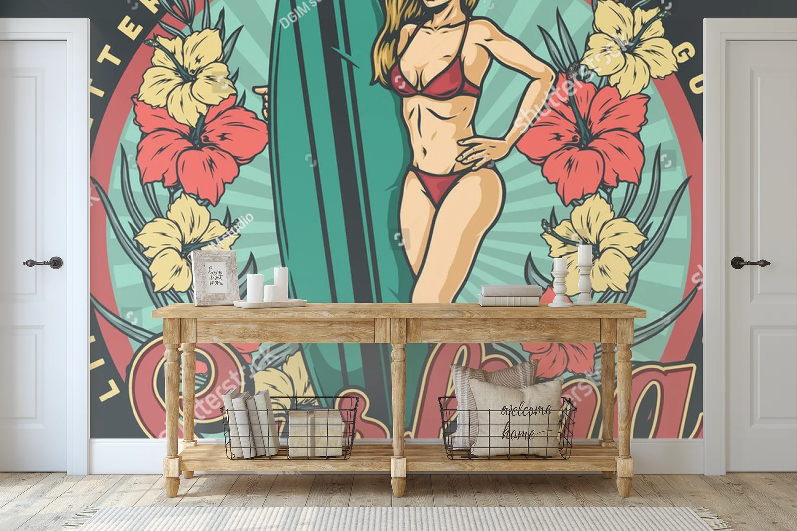 Vintage surfing girl w kolorach tropikalnego raju