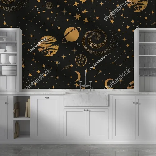 Magiczne złote niebo pełne gwiazd i planet