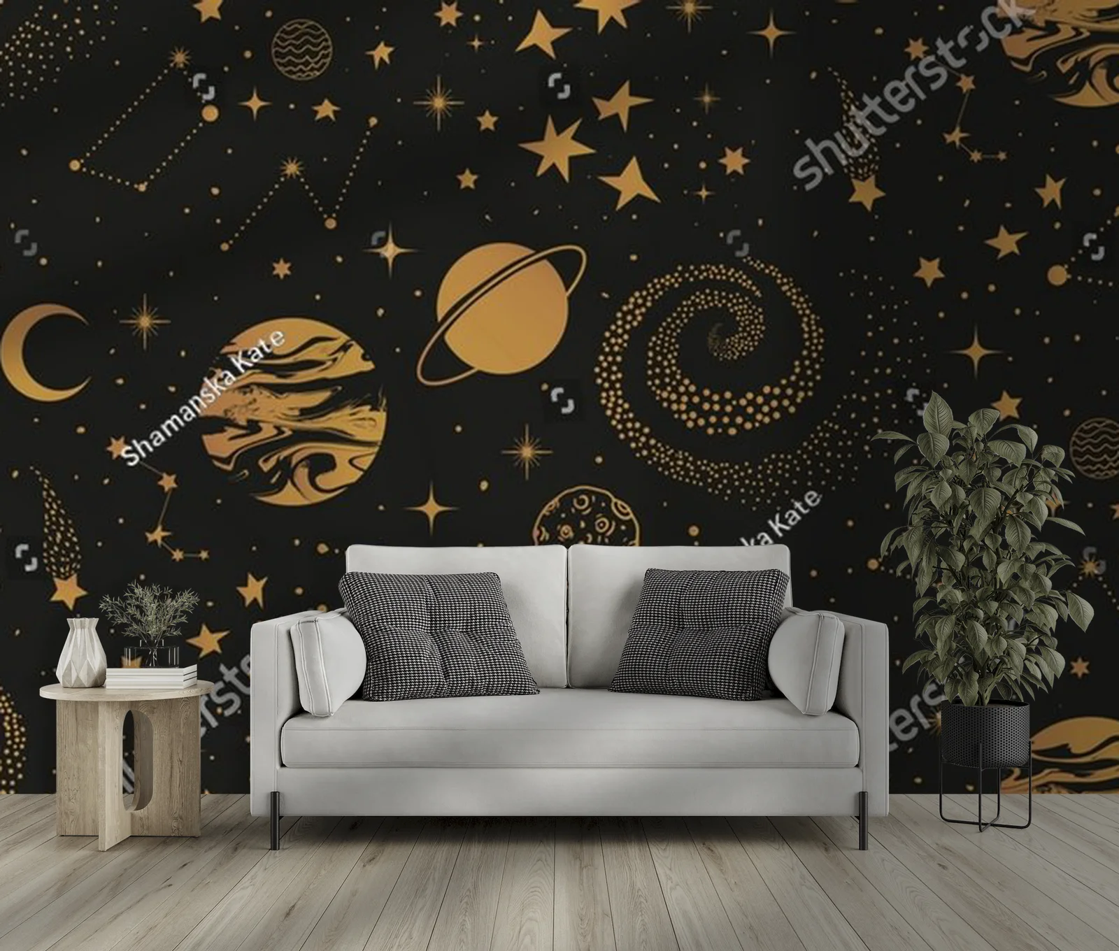 Magiczne złote niebo pełne gwiazd i planet