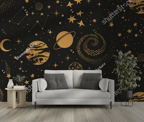 Magiczne złote niebo pełne gwiazd i planet