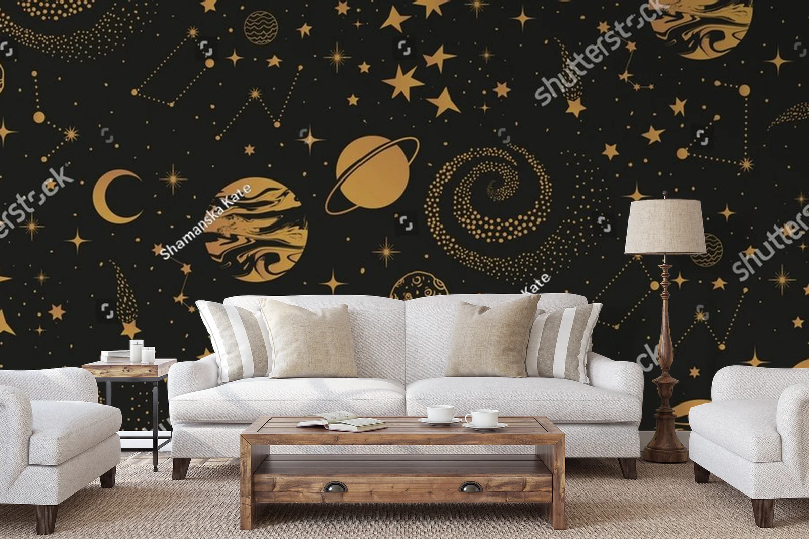 Magiczne złote niebo pełne gwiazd i planet