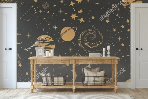 Magiczne złote niebo pełne gwiazd i planet
