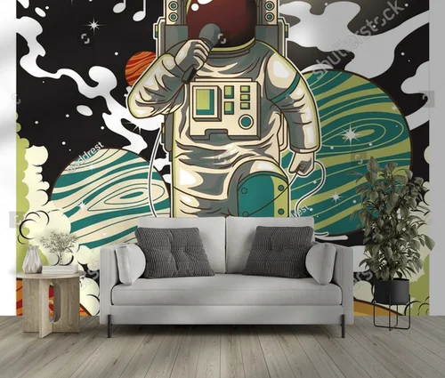 Astronauta grający na gitarze w międzygwiezdnej scenerii