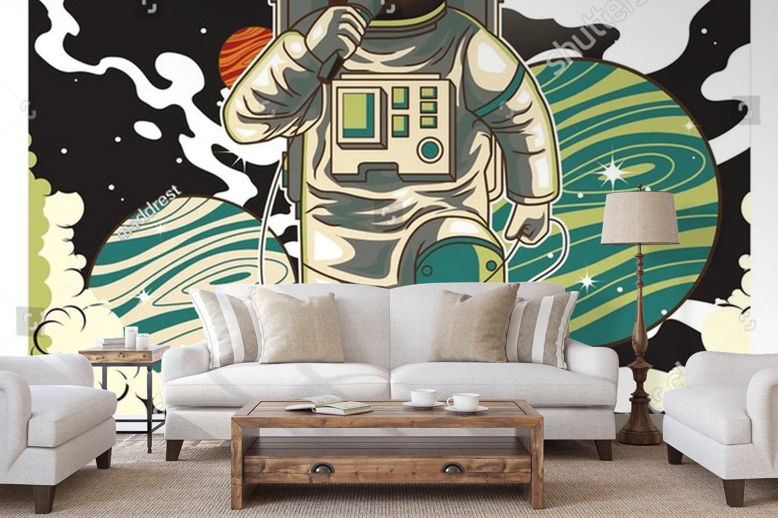 Astronauta grający na gitarze w międzygwiezdnej scenerii