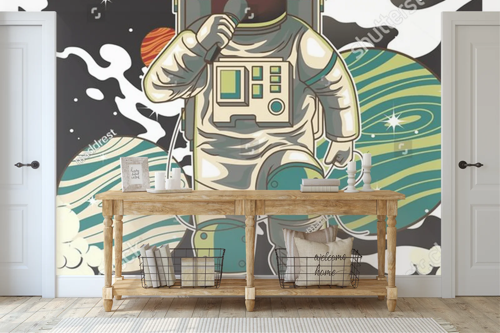 Astronauta grający na gitarze w międzygwiezdnej scenerii