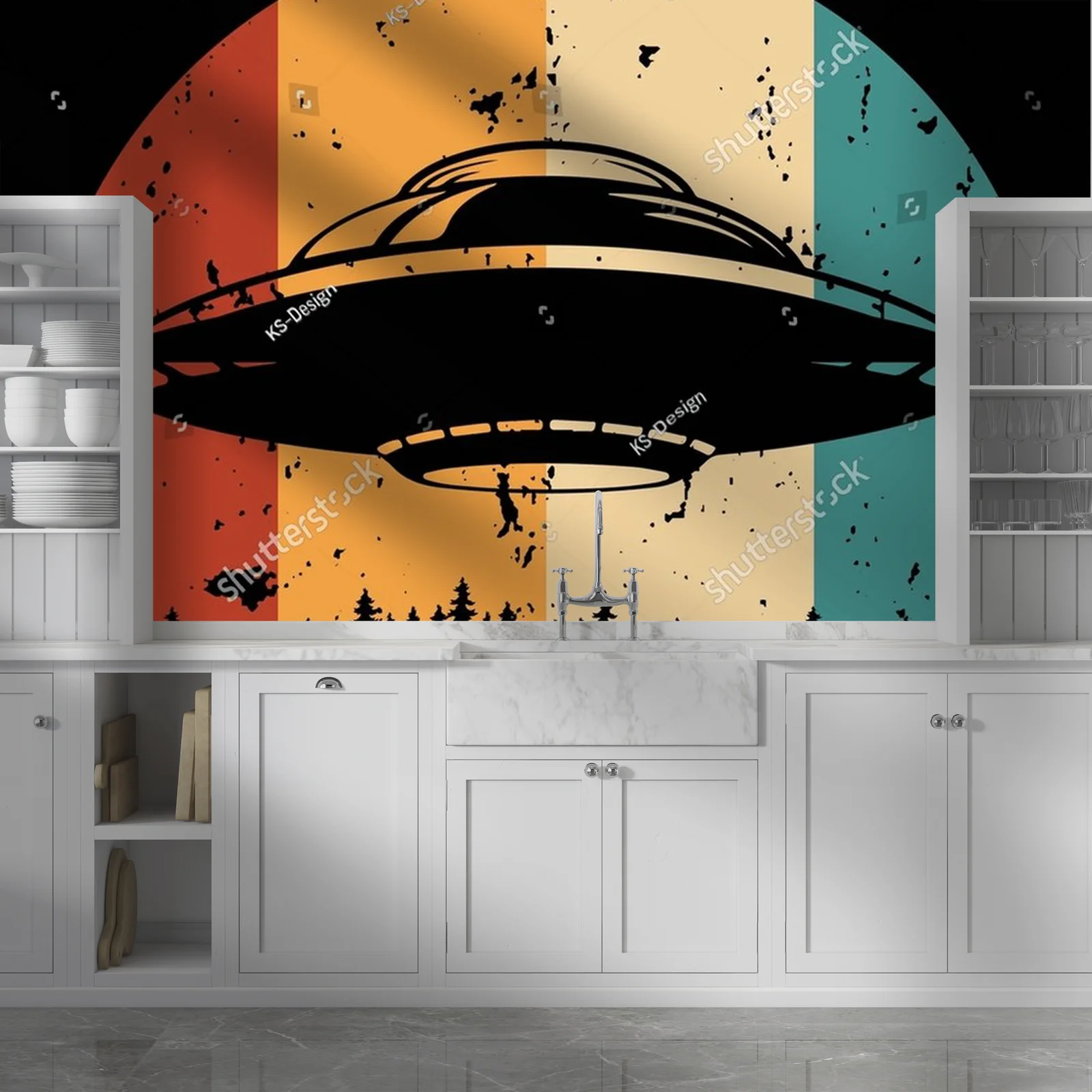 Zabawny retro motyw UFO i kosmitów w nasyconych kolorach