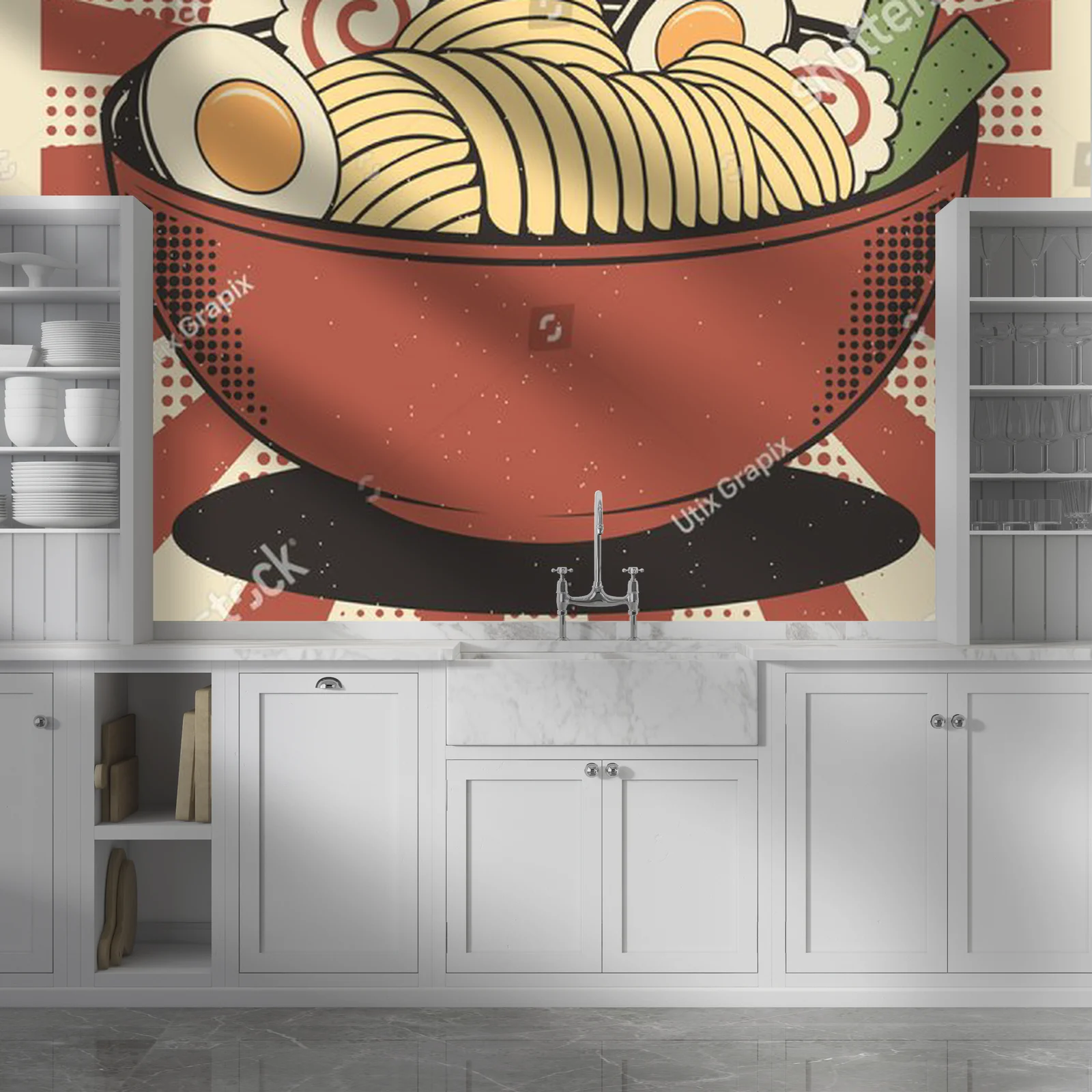 Retro japońska kompozycja ramen w ciepłych odcieniach