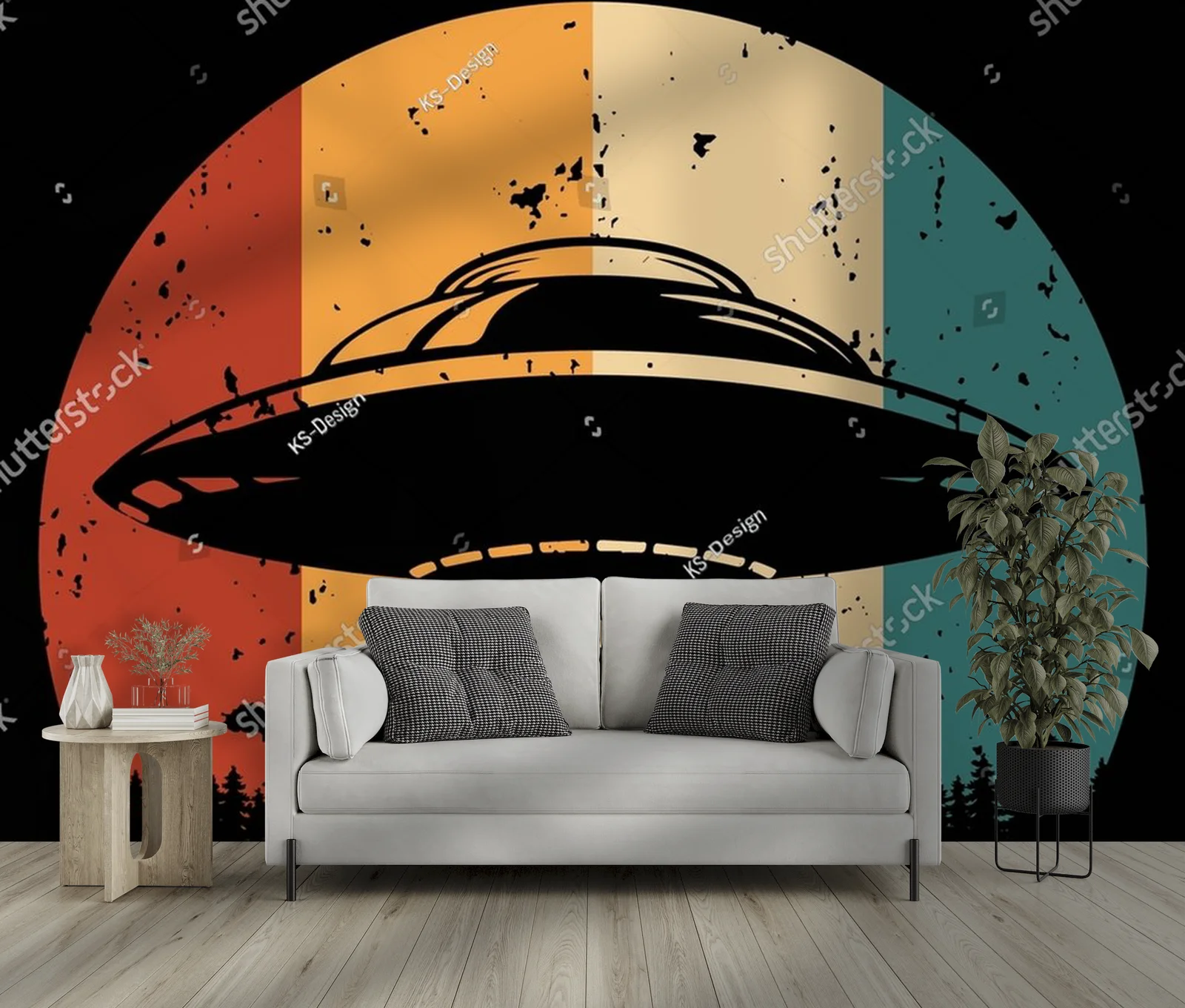 Zabawny retro motyw UFO i kosmitów w nasyconych kolorach