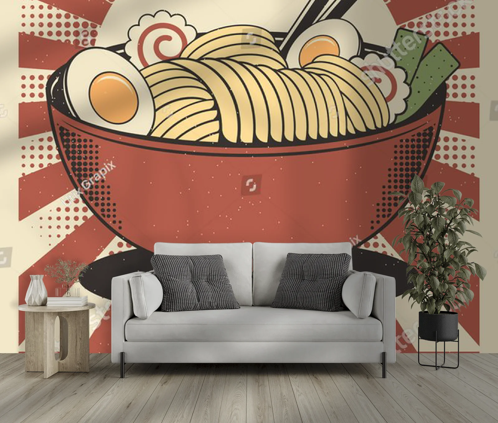 Retro japońska kompozycja ramen w ciepłych odcieniach