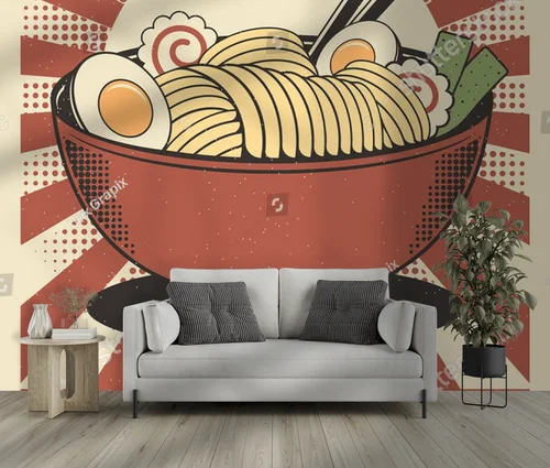 Retro japońska kompozycja ramen w ciepłych odcieniach